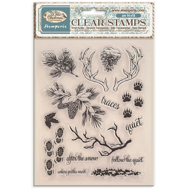 Clear stamps with nature-themed designs and text on a beige background