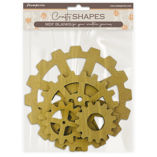Set of gold gears in packaging with 'Craft Shapes' branding on a white background