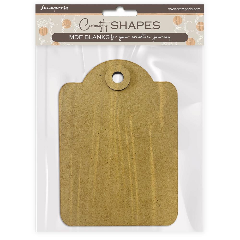 Packaged rounded tag from Stamperia Crafty Shapes, designed for crafting and decoupage.