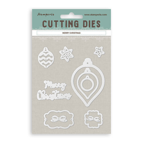Packaging of Stamperia cutting dies with Christmas-themed designs on a beige background.
