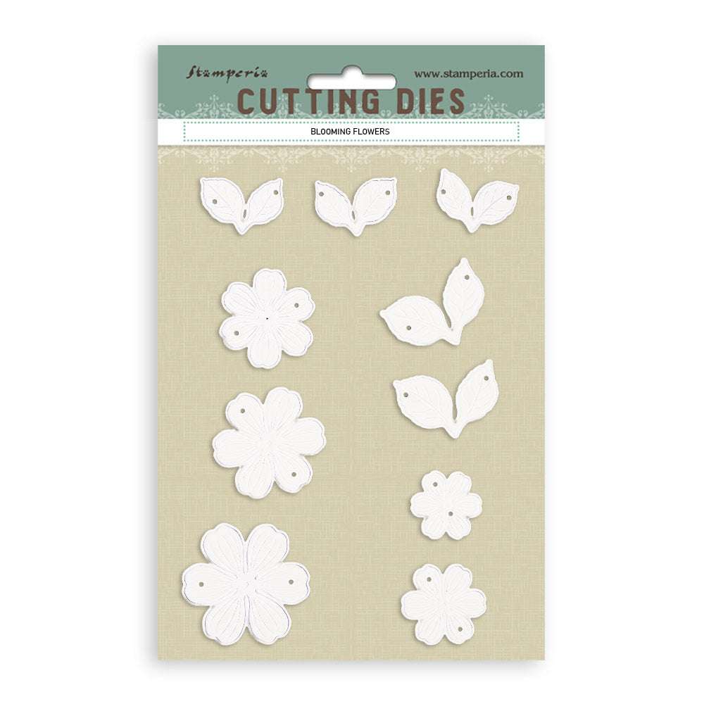 Packaging of Stamperia cutting dies with white floral shapes on a beige background
