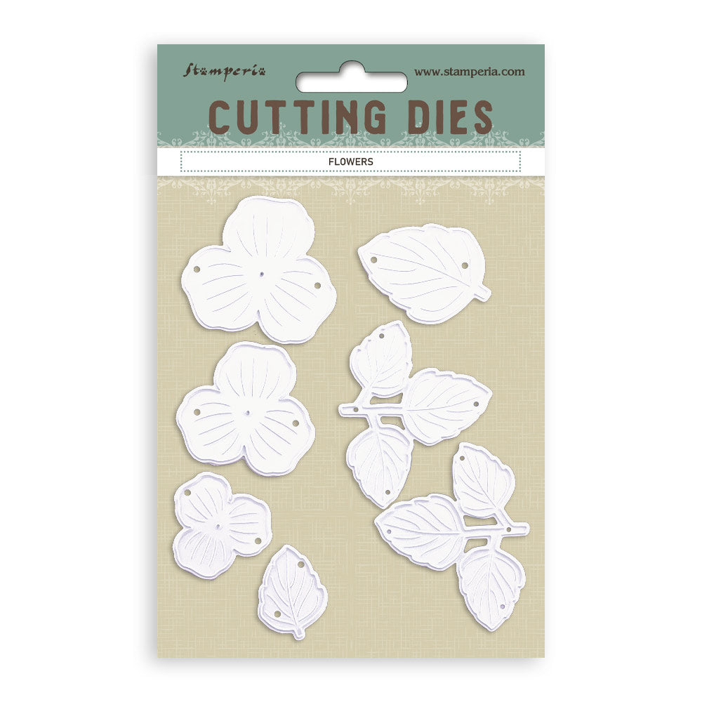 Set of white floral cutting dies on a beige card with 'Stamperia' branding.