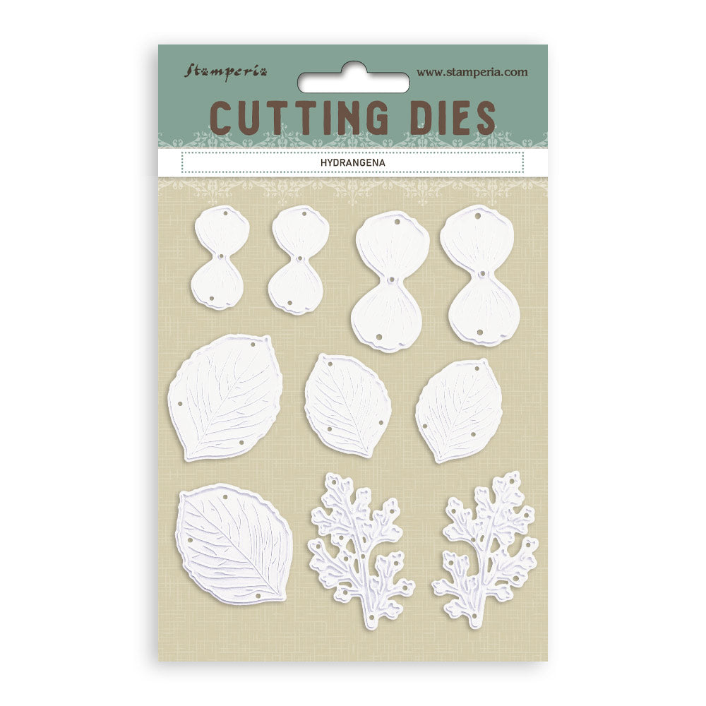 Packaging of Stamperia cutting dies with leaf and flower shapes on a beige background.