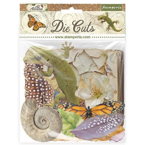 Stamperia die cuts with nature-themed designs including butterflies, lizards, and flowers.