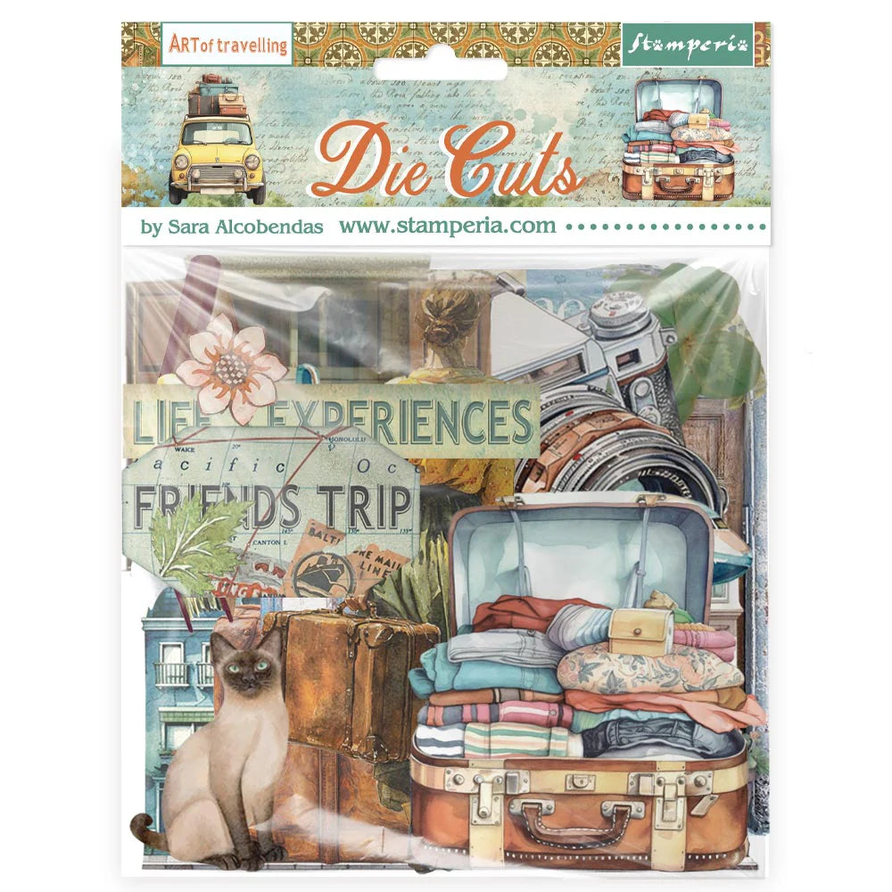 Packaging of Stamperia Die Cuts with travel-themed design, including suitcases and travel-related items.