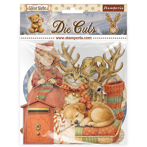 Stamperia 'Silent Night' die-cut sticker sheet featuring a vintage illustration of a girl knitting, a cat and rabbit with antlers, a sleeping dog, a small house, and candy canes, packaged in clear plastic.