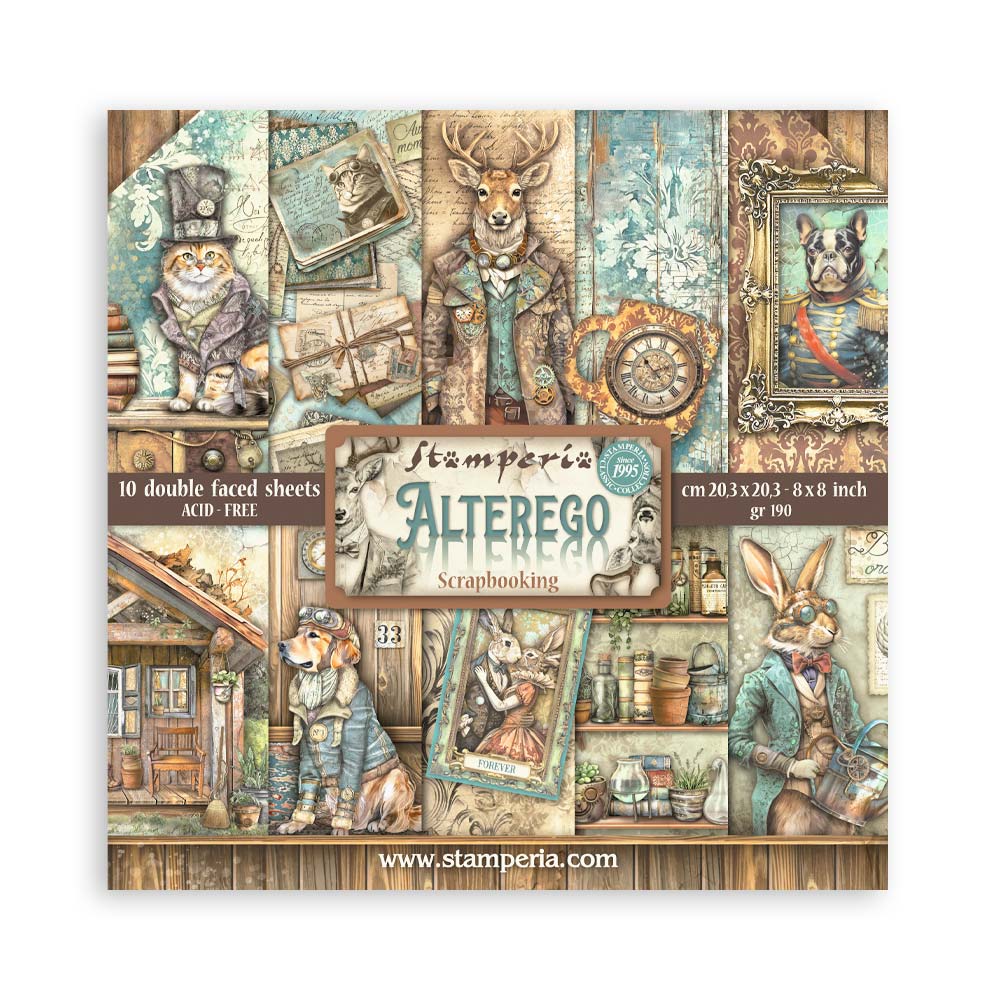 A collection of double-sided scrapbooking paper sheets from Stamperia, featuring various vintage-themed illustrations, including old-fashioned clothing and accessories, in an 8x8 inch size.