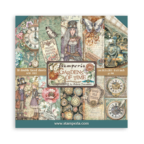 Stamperia 'Gardens of Time' scrapbooking paper pad with vintage-themed design on a white background.