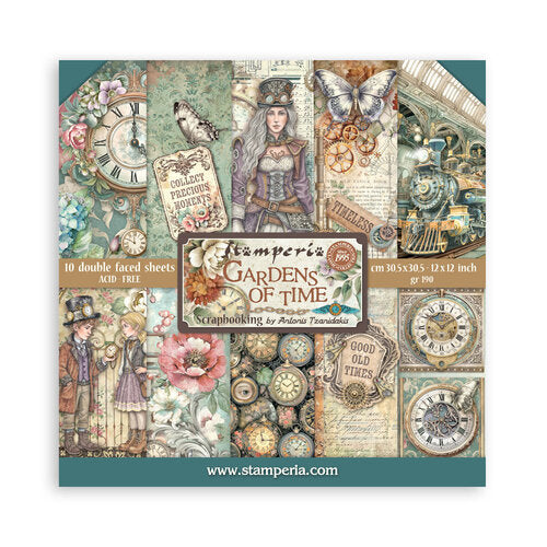 Scrapbooking paper pad with vintage-themed design featuring clocks, flowers, and people.