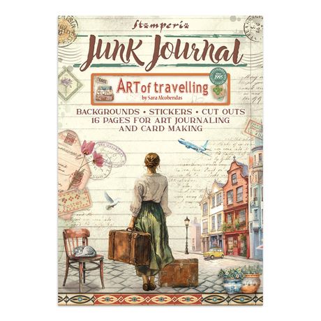 Stamperia Junk Journal with a woman with luggage on a street scene cover