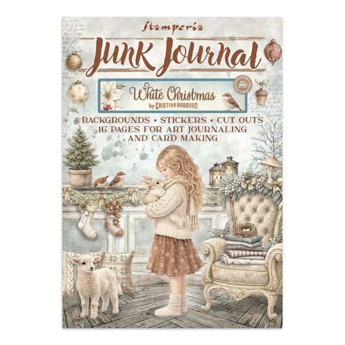 Front cover of the Stamperia 'Junk Journal' White Christmas art journaling kit by Laura Richardson, featuring a vintage-style illustration of a girl with a lamb in a decorated holiday room.