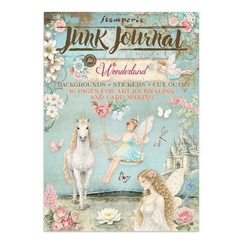 Junk Journal Wonderland with fairies, unicorn, and castle design on a white background