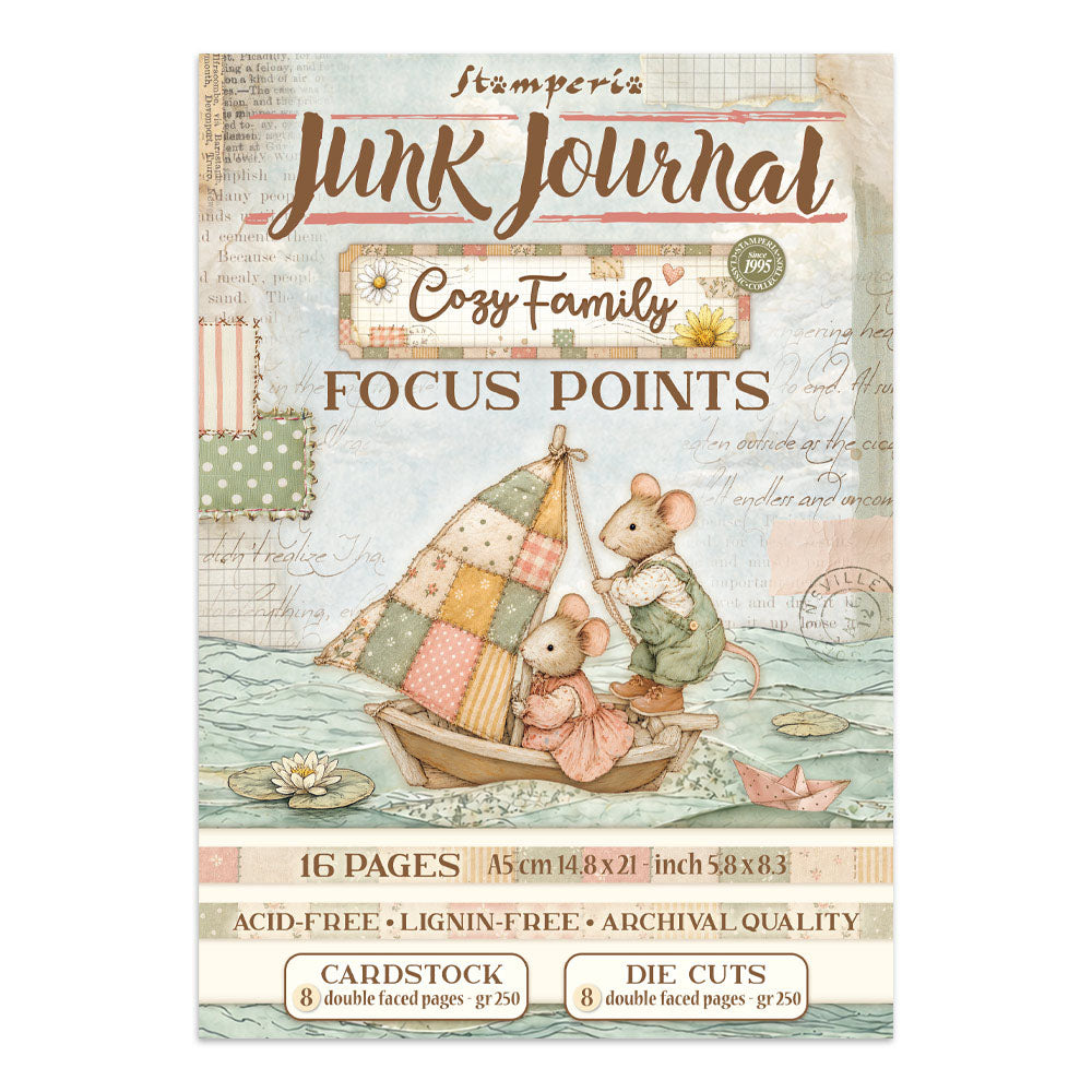 Front cover of a stamparia Junk Journal 'Cozy Family' focus points cardstock pack, featuring an illustration of two mice in a patchwork sailboat on a vintage-style background with text detailing the 16 pages and cardstock/die cut contents.
