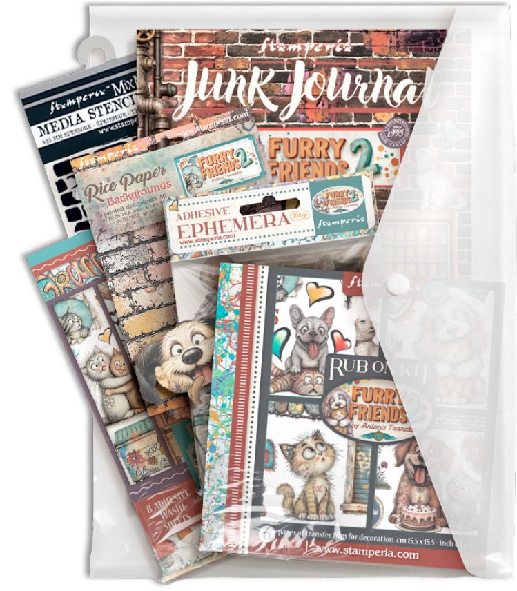 Kit by Stamperia Furry Friends 2 Collection inclueds junk journal, ephemera, washi pad, stencil, rice papers and rub on book.