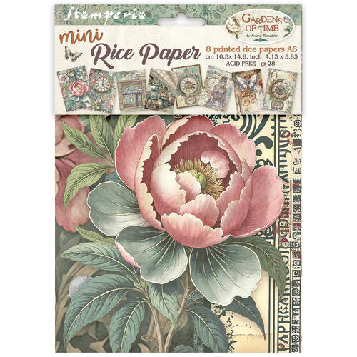 Packaged mini rice paper with floral design and text on a white background