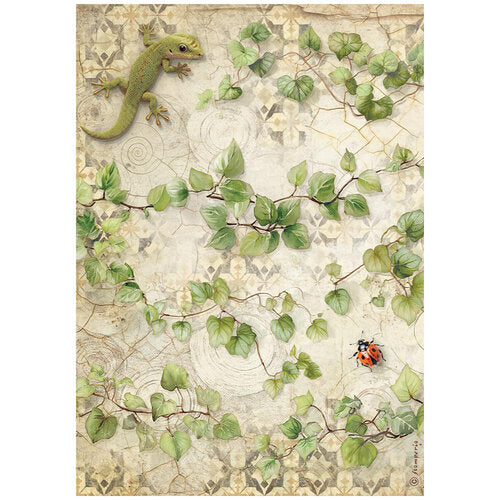 Decorative paper with green lizard and leaves on a textured beige background