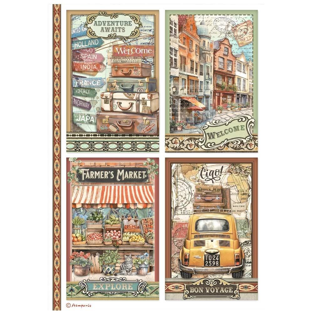 Stamperia Rice Paper Sheet A4 - Art Of Travelling 4 Cards