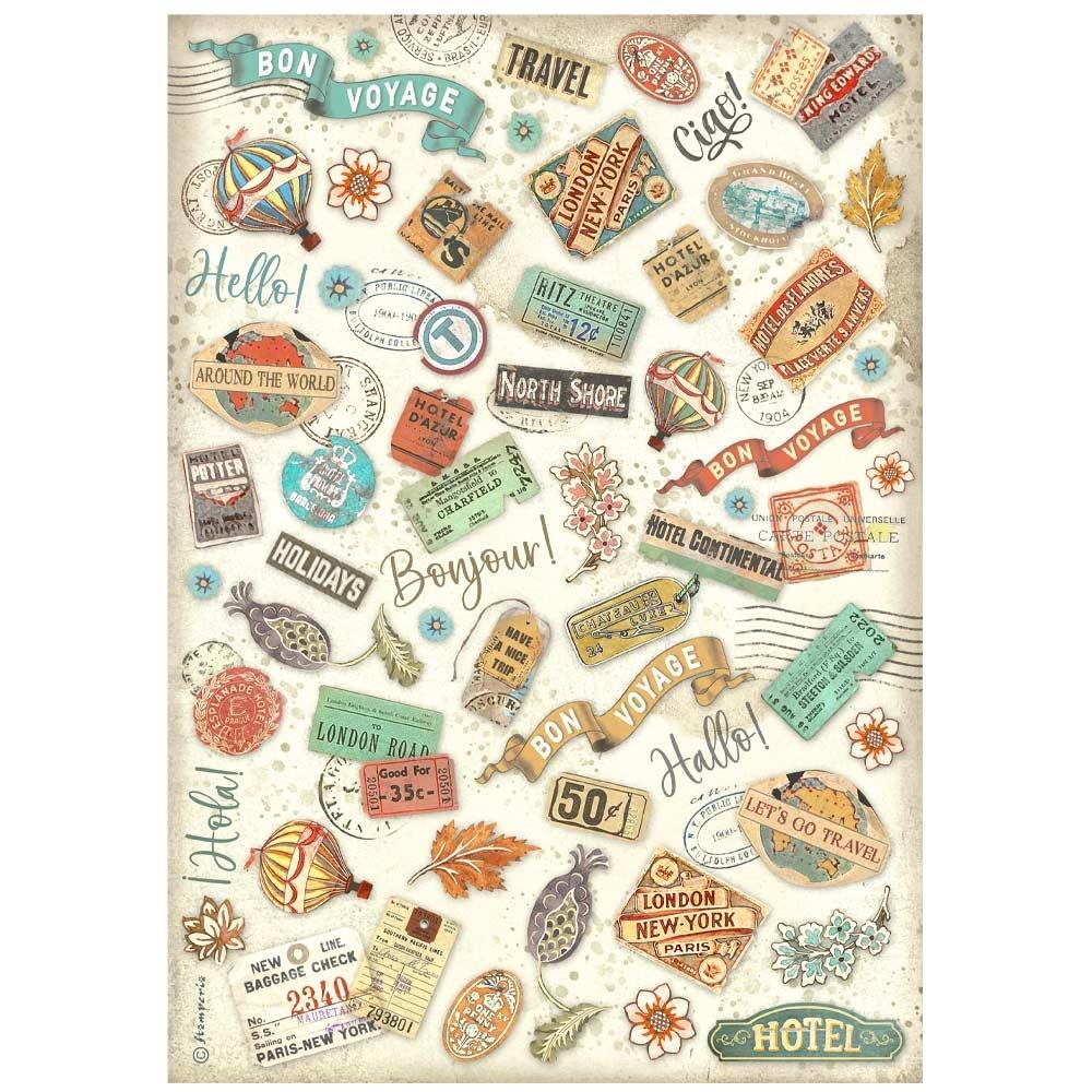 Stamperia Rice Paper Sheet A4 - Art Of Travelling Labels