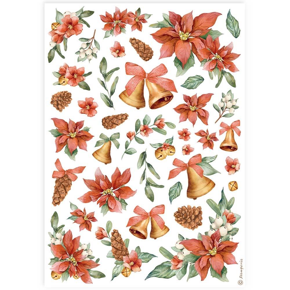 Stamperia Rice Paper Sheet A4 - Classic Christmas Poinsettia And Bells