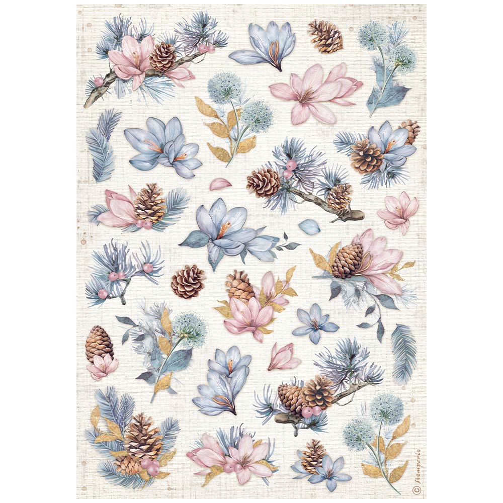 Stamperia Rice Paper Sheet A4 - Create Happiness Dewdrops Pinecones and Flowers