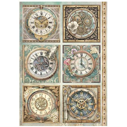 Decorative paper sheet with vintage clock designs on a white background