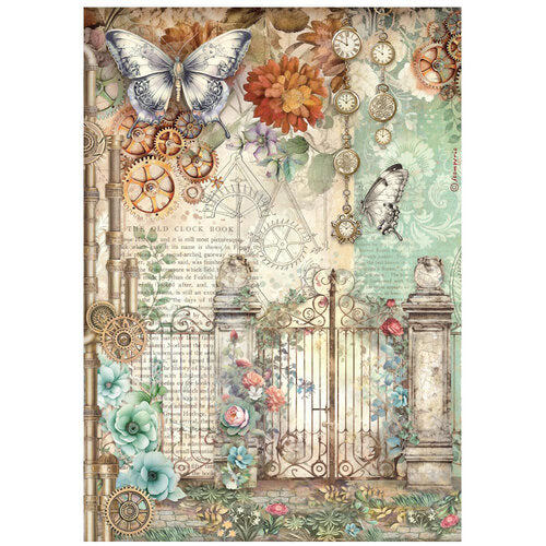 Decorative paper with vintage design elements including butterflies, flowers, gears, and a gate.