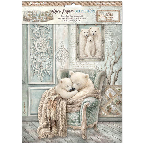 Rice Paper Selection 'White Christmas' 6-patterned rice paper sheet featuring a cozy scene of two polar bears sleeping in an armchair with a knitted blanket, printed on a decorative card with dimensions and pattern details.
