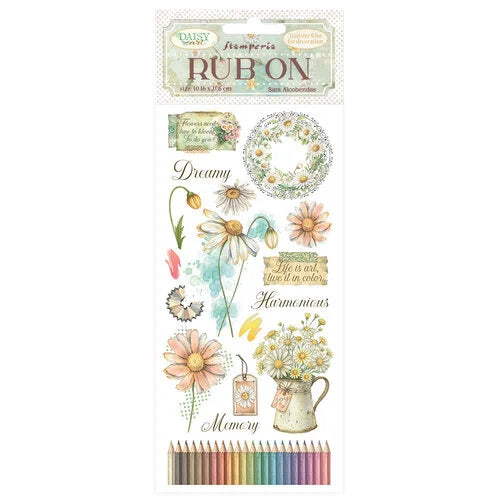 Rub-on transfer sheet with floral designs and text on a white background