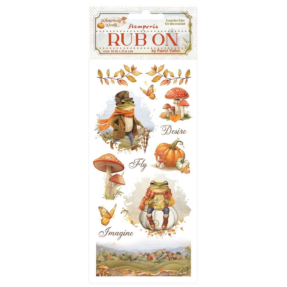 Rub-on transfer with autumn-themed design featuring a frog, pumpkins, and mushrooms