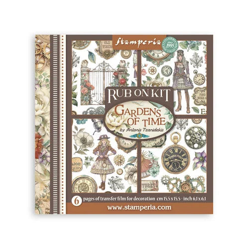 Stamperia Rub On Kit titled 'Gardens of Time' with decorative design on a white background