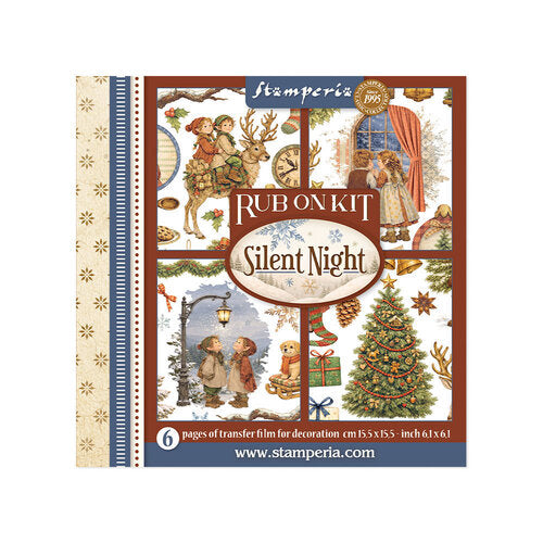 Stamperia 'Silent Night' Rub On Kit packaging, featuring a festive collage of Christmas scenes with children, a decorated tree, stockings, and a reindeer on a cream and blue patterned background.