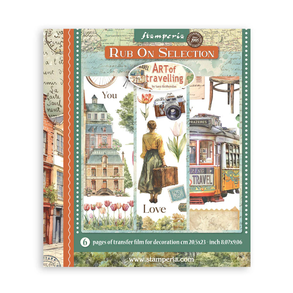 Packaging of Stampendous rub-on transfer selection with travel-themed design