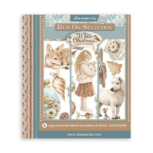 Stamperia rub on selection with Christmas design featuring a girl, dog, and animals on a white background.