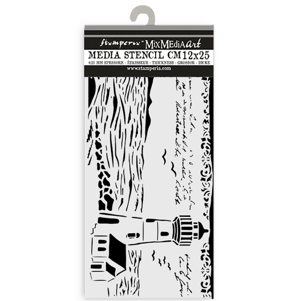 Stamperia Silent Sea Lighthouse Stencil 12cm x 25cm – reusable transparent crafting stencil with lighthouse design from Cristina Radovan’s Silent Sea Collection