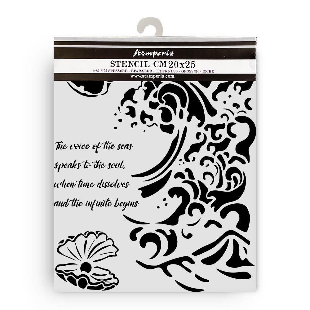 Stamperia Silent Sea Waves and Shells Stencil 20cm x 25cm – reusable transparent crafting stencil with wave and shell designs from Cristina Radovan’s Silent Sea Collection