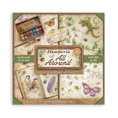 Stamperia 'All Around' paper pad packaging with nature-themed designs and text.