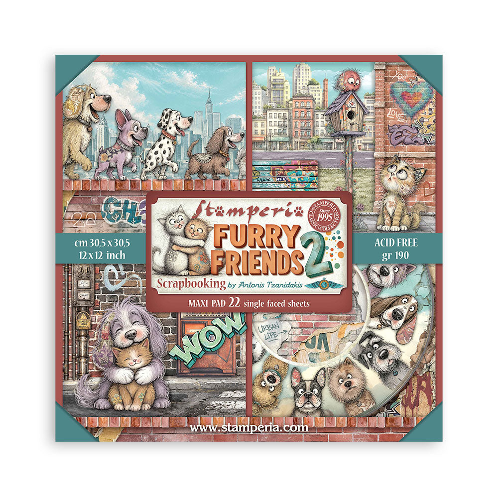 Stamperia Single-Sided Paper Pad 12x12 - Furry Friends 2