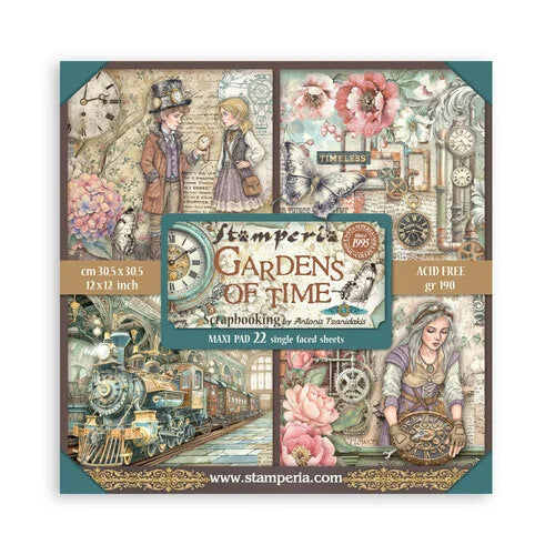 Stamperia 'Gardens of Time' scrapbooking paper pad with vintage-themed design on a white background.