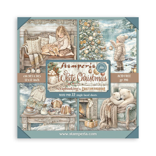A square product card for Stamperia White Christmas maxi pad single faced sheets, showing a collage of winter-themed scrapbooking illustrations and product details on a teal border.