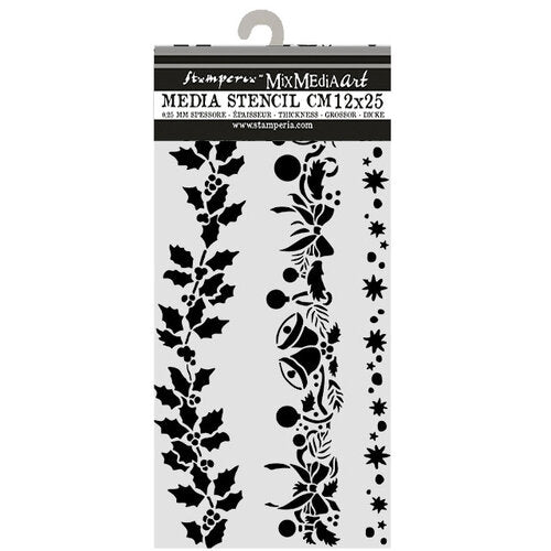 Stampex Media Stencil CM12x25 in black, packaged in a clear plastic sleeve with a black header card featuring festive designs of holly leaves, bells, and stars.