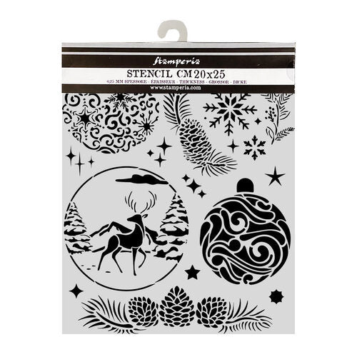 Framperia stencil with deer, pine cone, and ornament designs on a white background