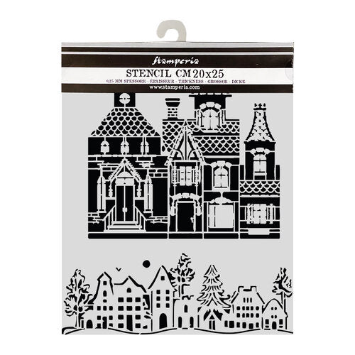 A packaged stencil featuring black architectural house and village silhouettes on a white backing card. The top header reads Stamperia and STENCIL CM20x25.