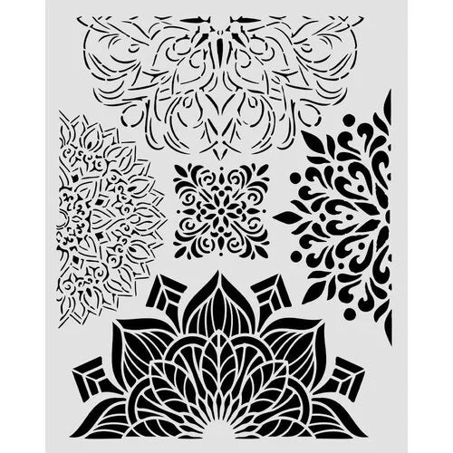 Set of black floral and geometric patterns on a white background
