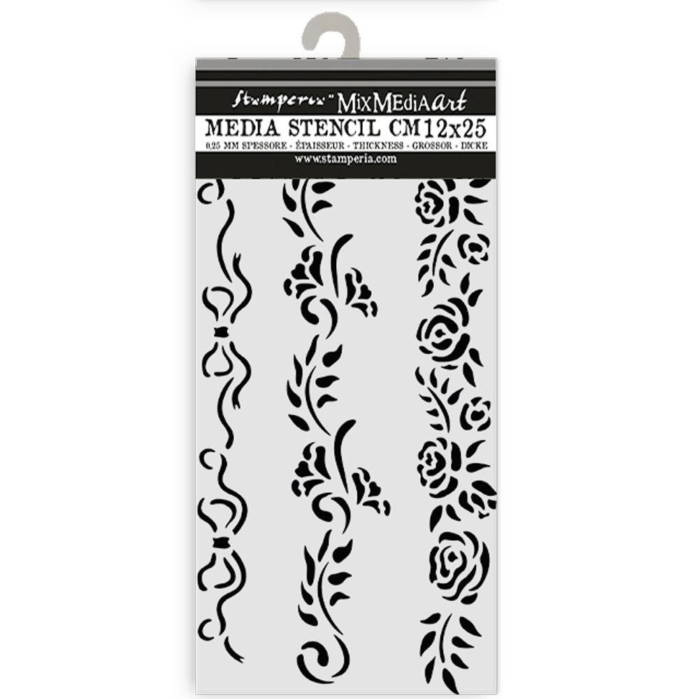 Stamperia Timeless 3 Borders Stencil 12cm x 25cm – reusable transparent crafting stencil with three border designs from Emilia Sieradzan’s Timeless Collection