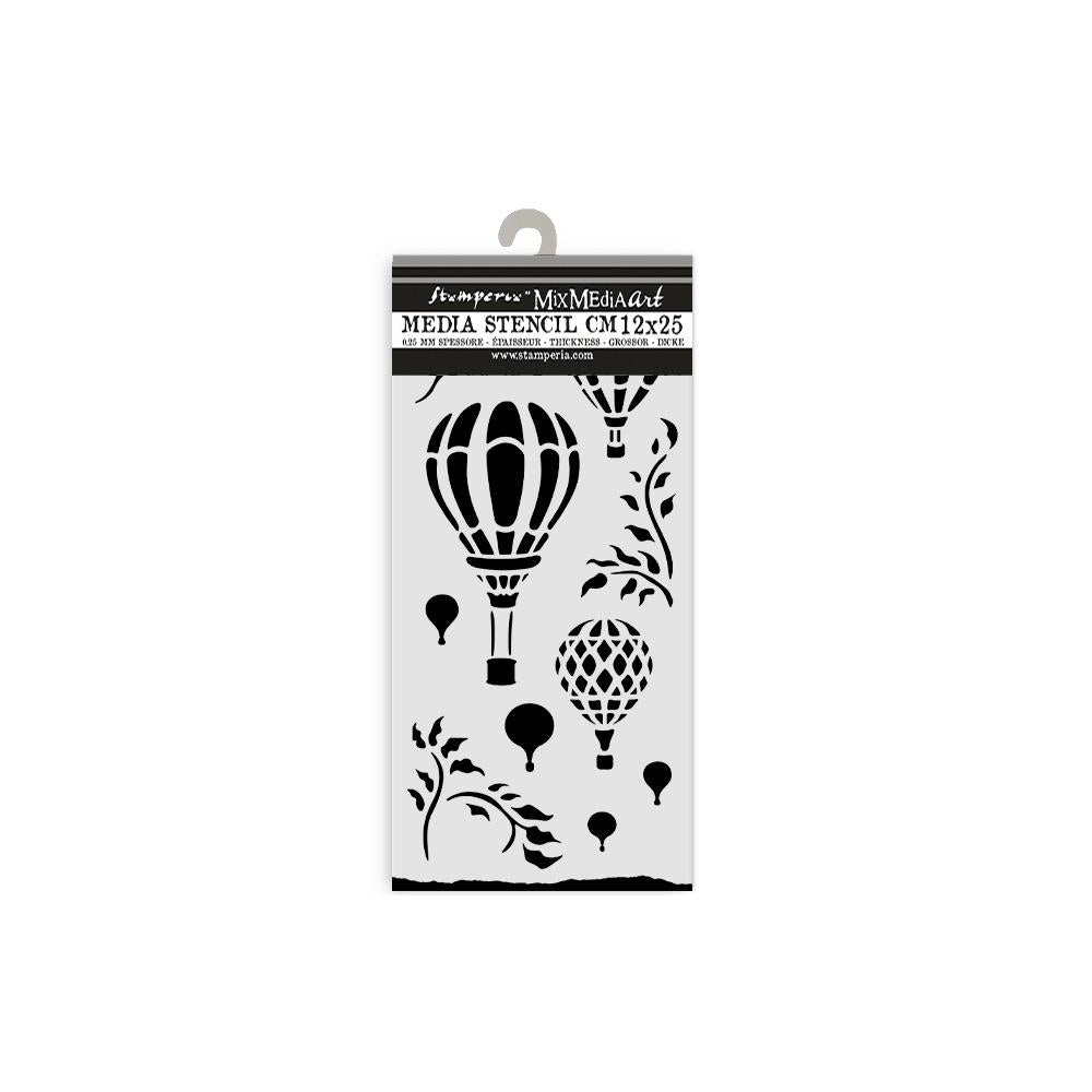Stamperia Timeless Air Balloons Stencil 12cm x 25cm – reusable transparent crafting stencil with hot air balloon design from Emilia Sieradzan’s Timeless Collection