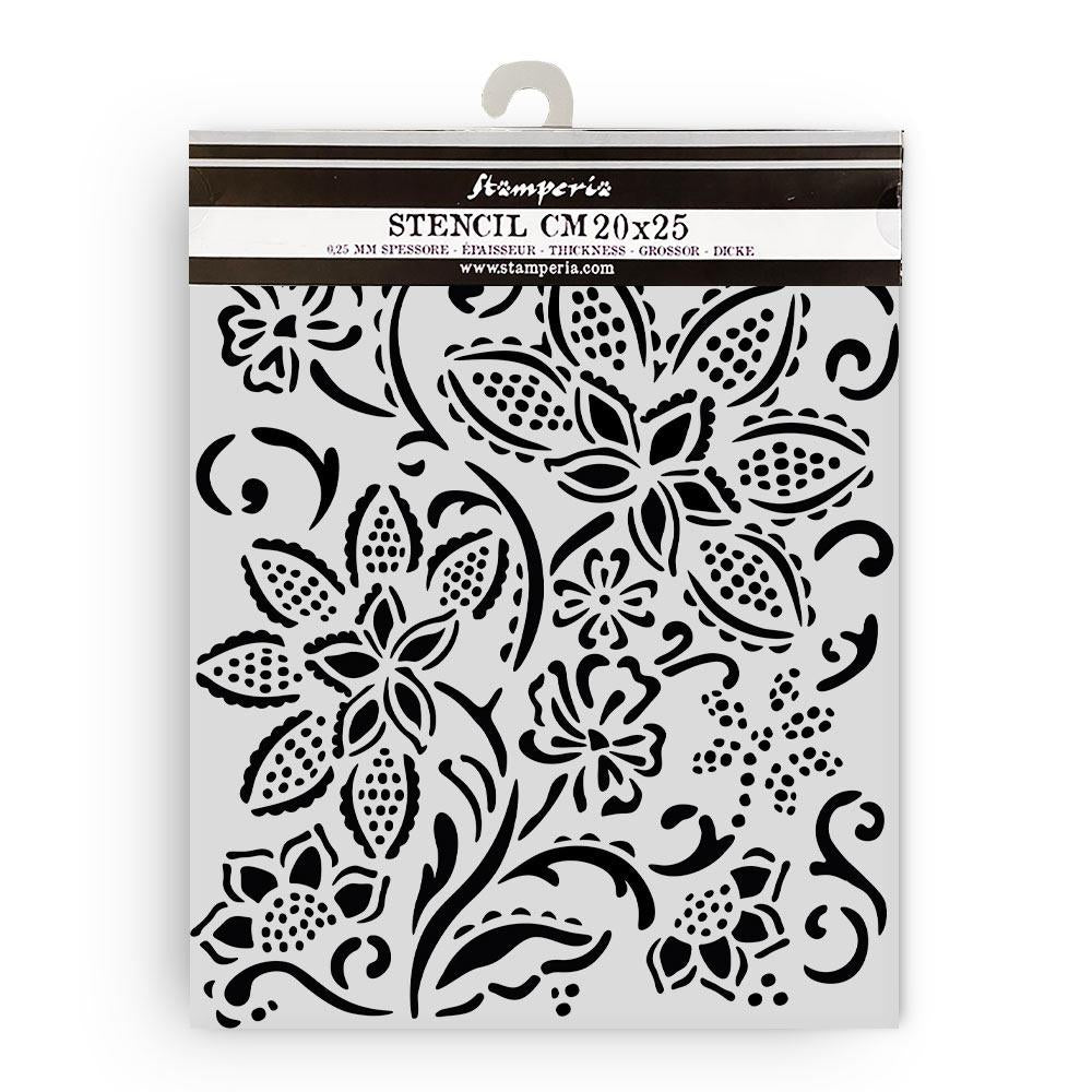 Stamperia Timeless Batik Flowers Stencil 20cm x 25cm – reusable transparent crafting stencil with batik floral design from Emilia Sieradzan’s Timeless Collection