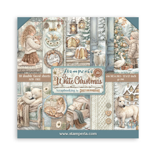 Stamperia White Christmas scrapbooking paper pad with festive illustrations on a white background