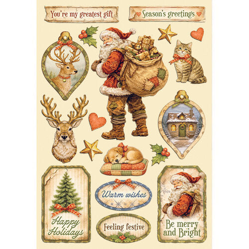 Collection of Christmas-themed stickers featuring Santa Claus, reindeer, and decorative elements on a beige background.