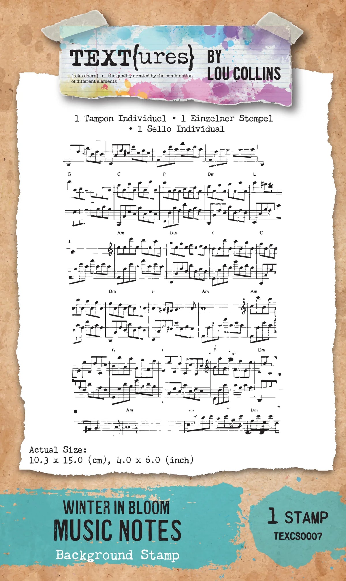 A product cover graphic for a Textures by Lou Collins stamp set called 'Winter in Bloom Music Notes'. The design features a sheet of musical notation on a torn paper background, framed by a textured beige border with teal accents at the top and bottom.