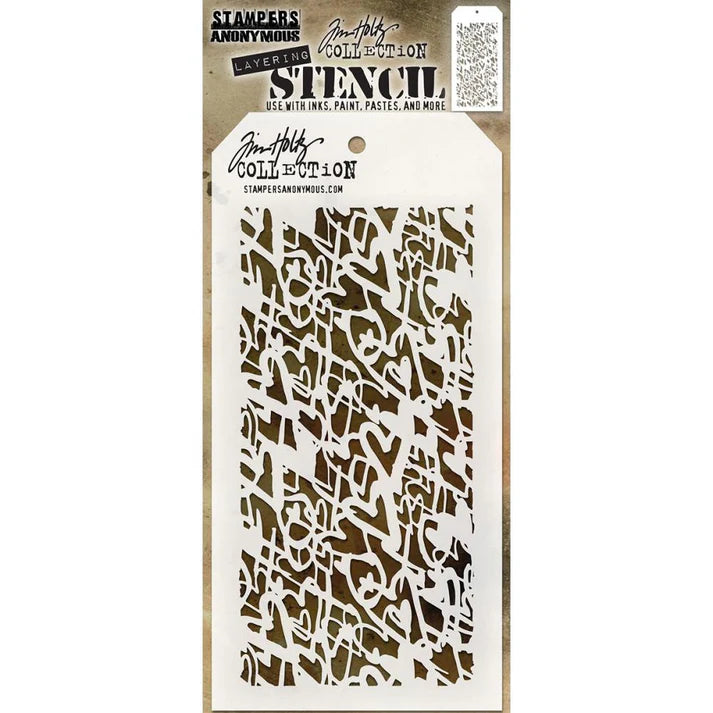 Tim Holtz stencil with intricate pattern on a white background